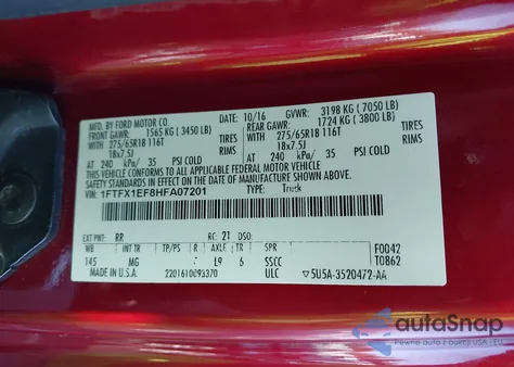 2017 Ford F-150 Xlt из США, поврежденный, VIN 1FTFX1EF8HFA07201